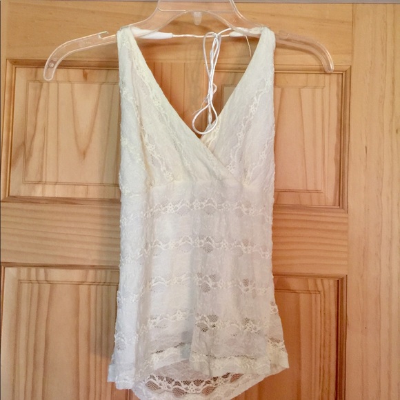 Cream color tie string halter tank top. - Picture 2 of 4